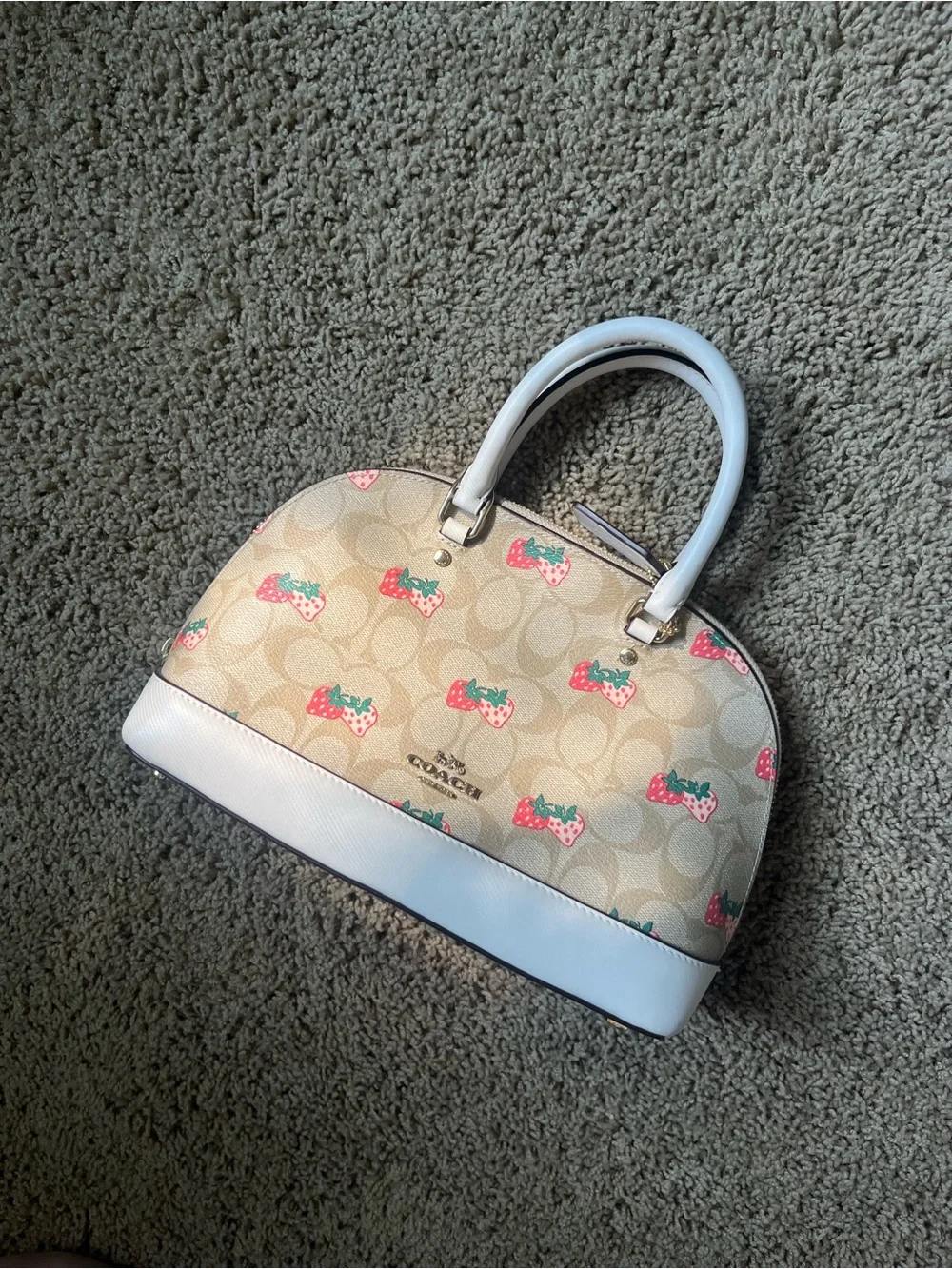 Coach Cream Signature Strawberry Mini Sierra Satchel with White Trim